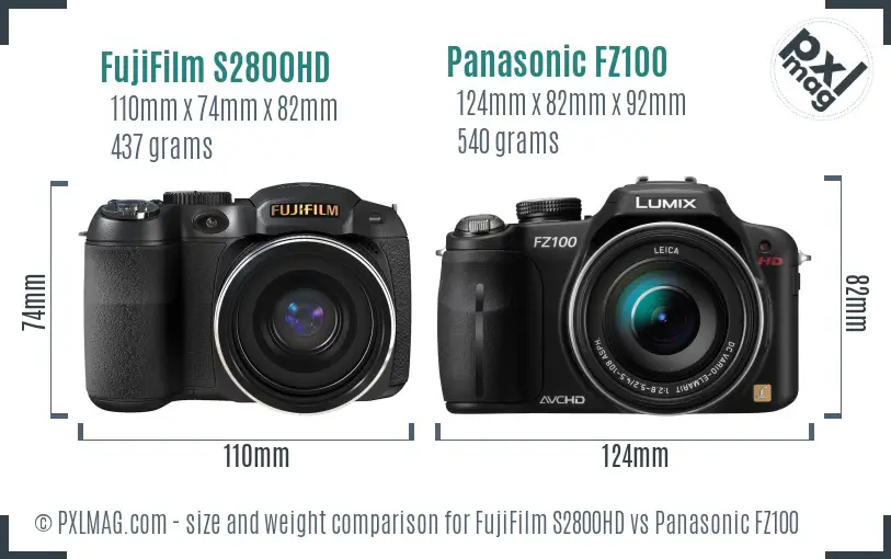 FujiFilm S2800HD vs Panasonic FZ100 size comparison