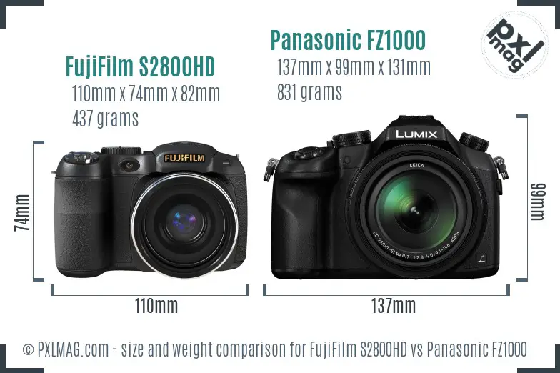 FujiFilm S2800HD vs Panasonic FZ1000 size comparison