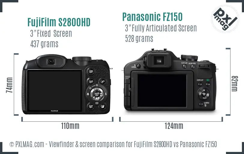 FujiFilm S2800HD vs Panasonic FZ150 Screen and Viewfinder comparison