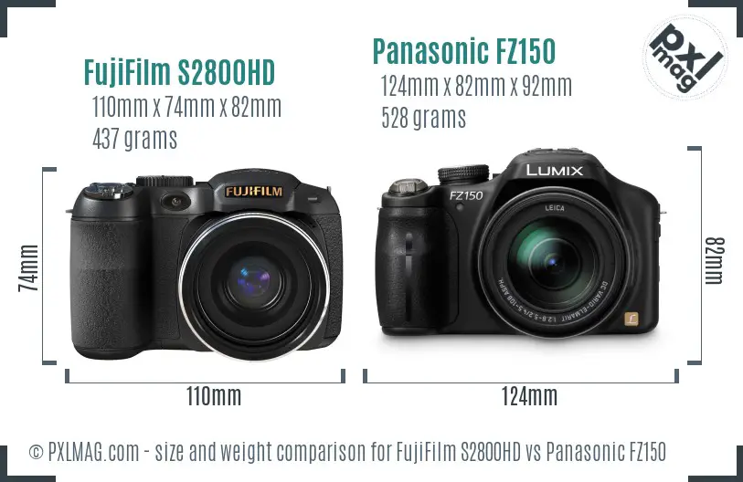 FujiFilm S2800HD vs Panasonic FZ150 size comparison