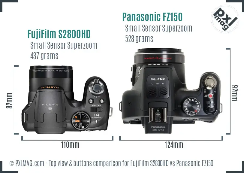 FujiFilm S2800HD vs Panasonic FZ150 top view buttons comparison