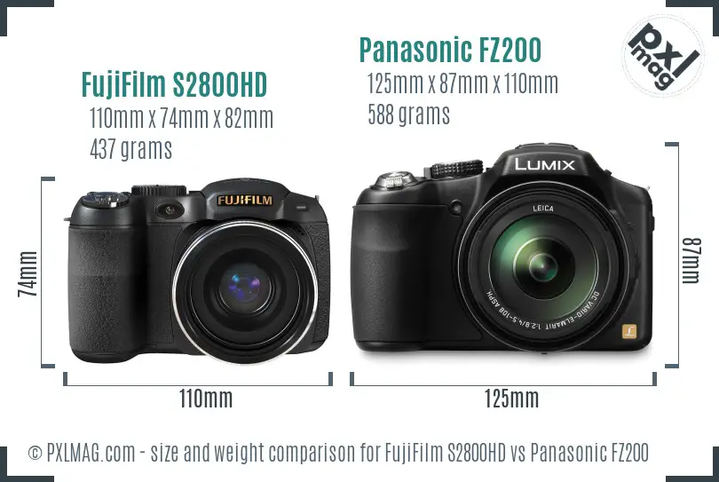 FujiFilm S2800HD vs Panasonic FZ200 size comparison