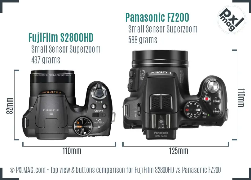 FujiFilm S2800HD vs Panasonic FZ200 top view buttons comparison