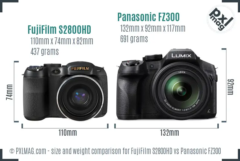 FujiFilm S2800HD vs Panasonic FZ300 size comparison