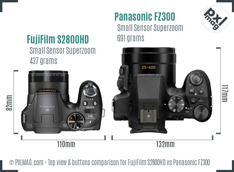 FujiFilm S2800HD vs Panasonic FZ300 top view buttons comparison