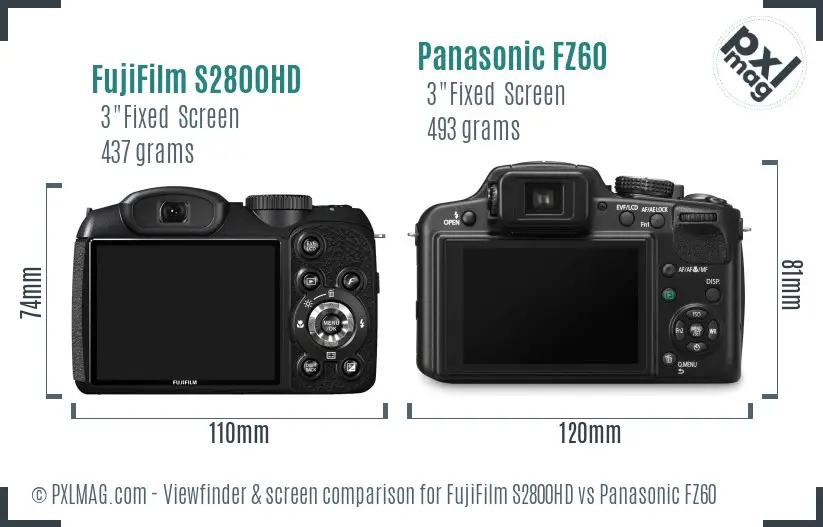 FujiFilm S2800HD vs Panasonic FZ60 Screen and Viewfinder comparison