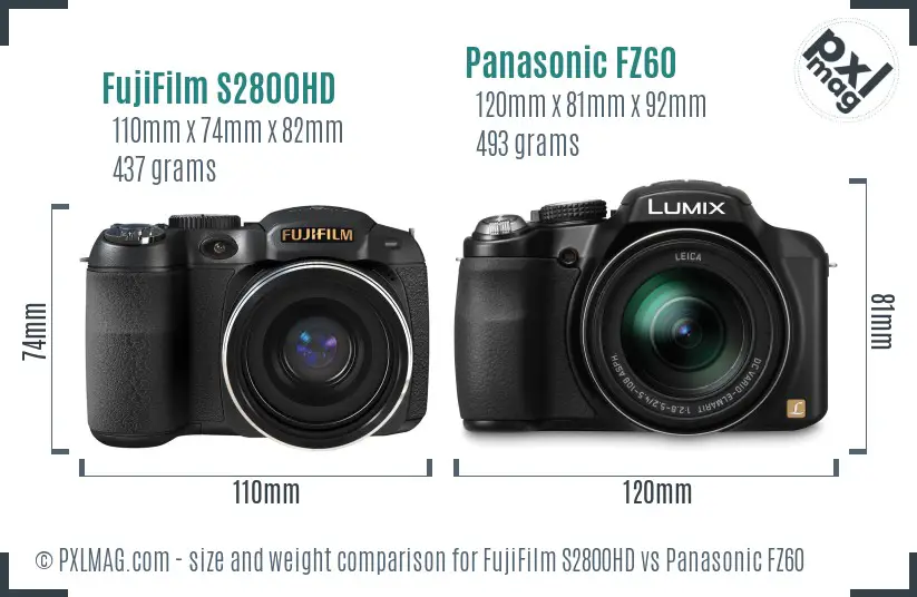 FujiFilm S2800HD vs Panasonic FZ60 size comparison