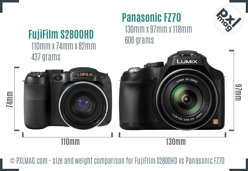 FujiFilm S2800HD vs Panasonic FZ70 size comparison FujiFilm S2800HD vs Panasonic FZ70 size comparison