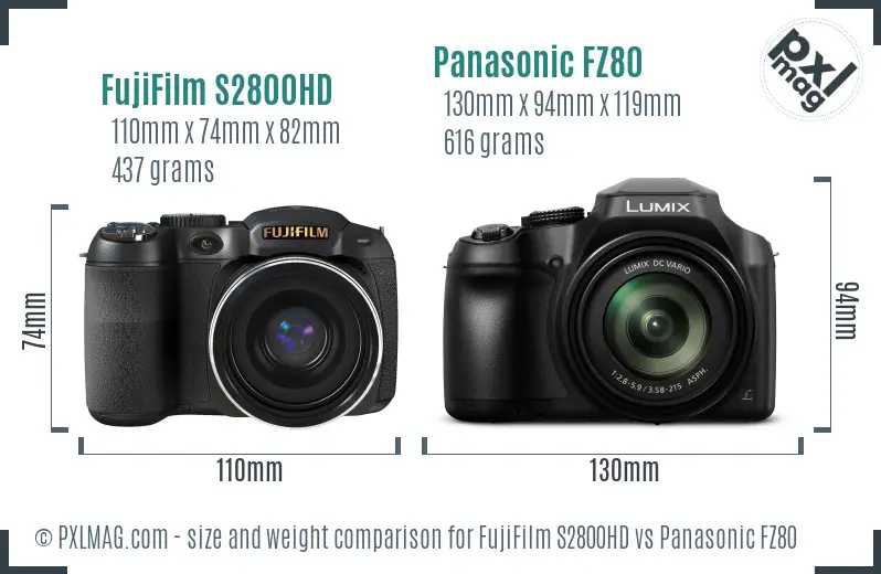 FujiFilm S2800HD vs Panasonic FZ80 size comparison
