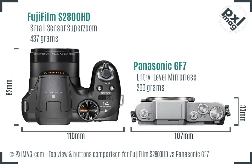 FujiFilm S2800HD vs Panasonic GF7 top view buttons comparison
