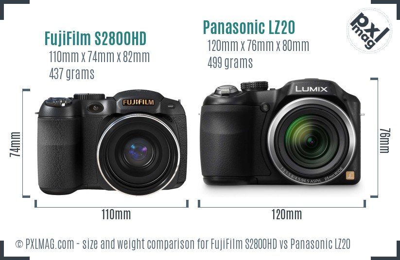 FujiFilm S2800HD vs Panasonic LZ20 size comparison