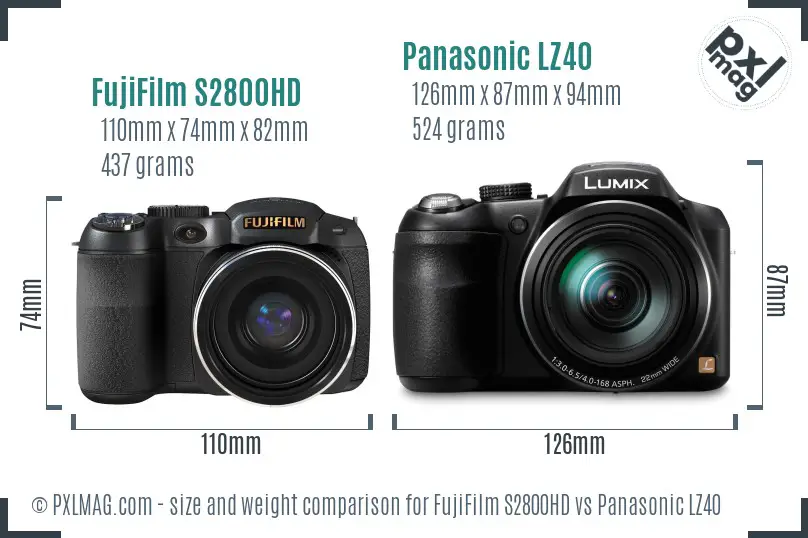 FujiFilm S2800HD vs Panasonic LZ40 size comparison