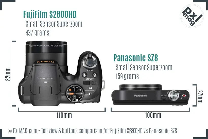 FujiFilm S2800HD vs Panasonic SZ8 top view buttons comparison FujiFilm S2800HD vs Panasonic SZ8 top view buttons comparison
