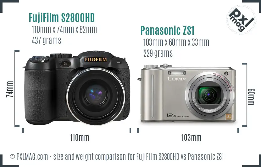 FujiFilm S2800HD vs Panasonic ZS1 size comparison