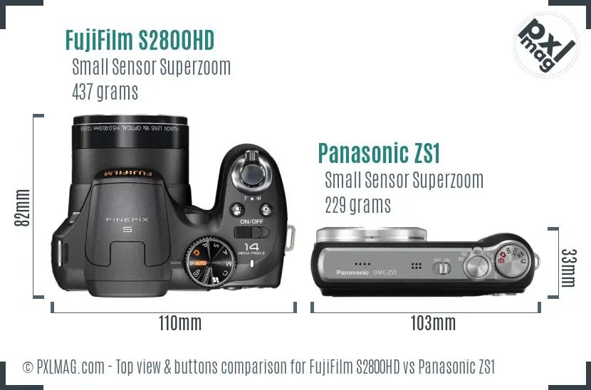 FujiFilm S2800HD vs Panasonic ZS1 top view buttons comparison
