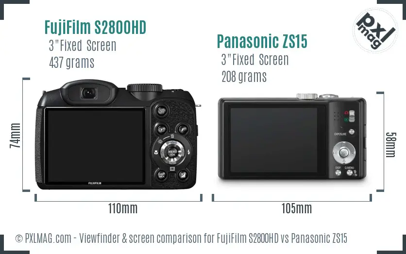 FujiFilm S2800HD vs Panasonic ZS15 Screen and Viewfinder comparison
