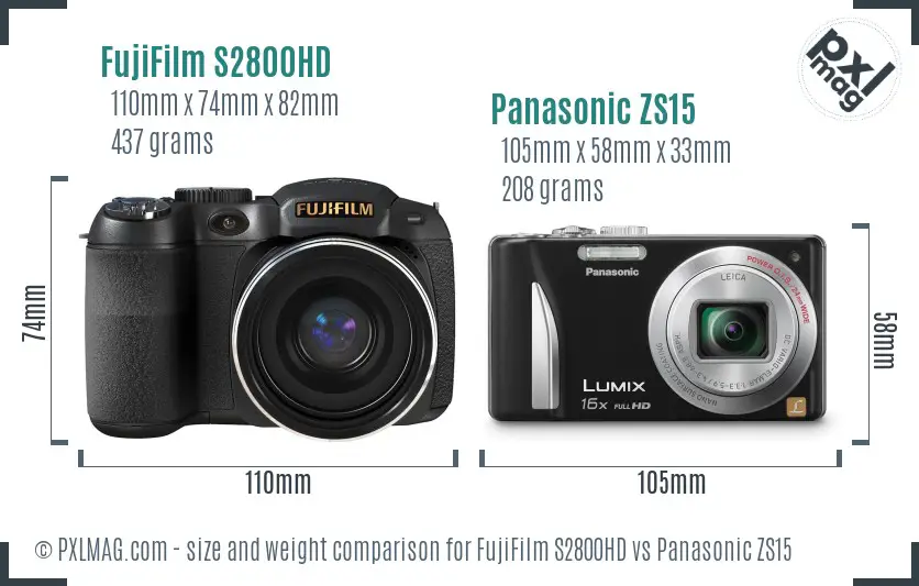 FujiFilm S2800HD vs Panasonic ZS15 size comparison