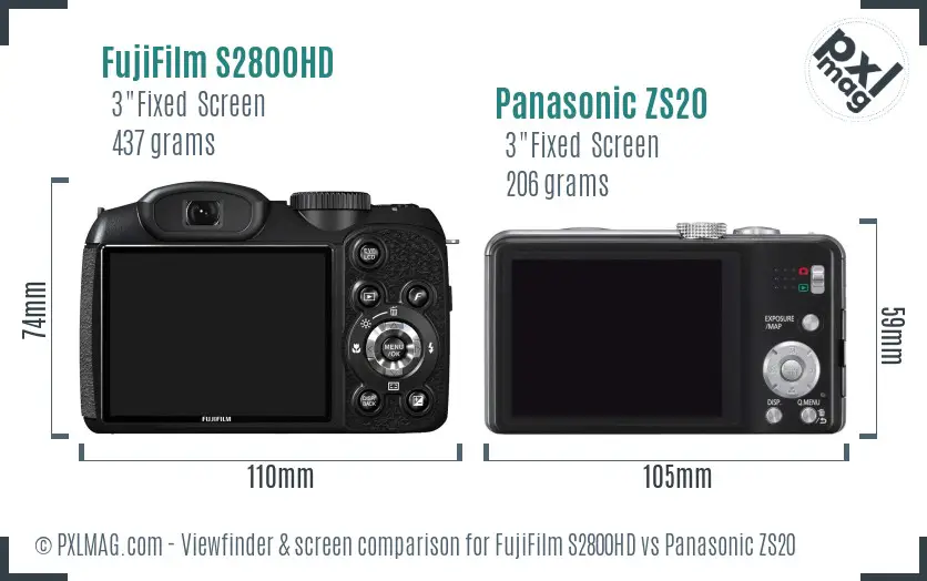 FujiFilm S2800HD vs Panasonic ZS20 Screen and Viewfinder comparison