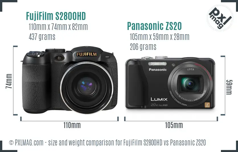 FujiFilm S2800HD vs Panasonic ZS20 size comparison