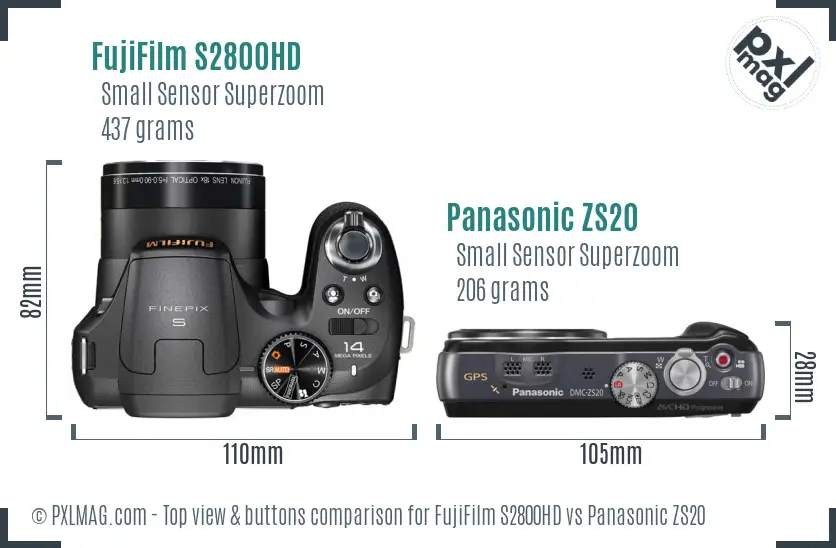 FujiFilm S2800HD vs Panasonic ZS20 top view buttons comparison