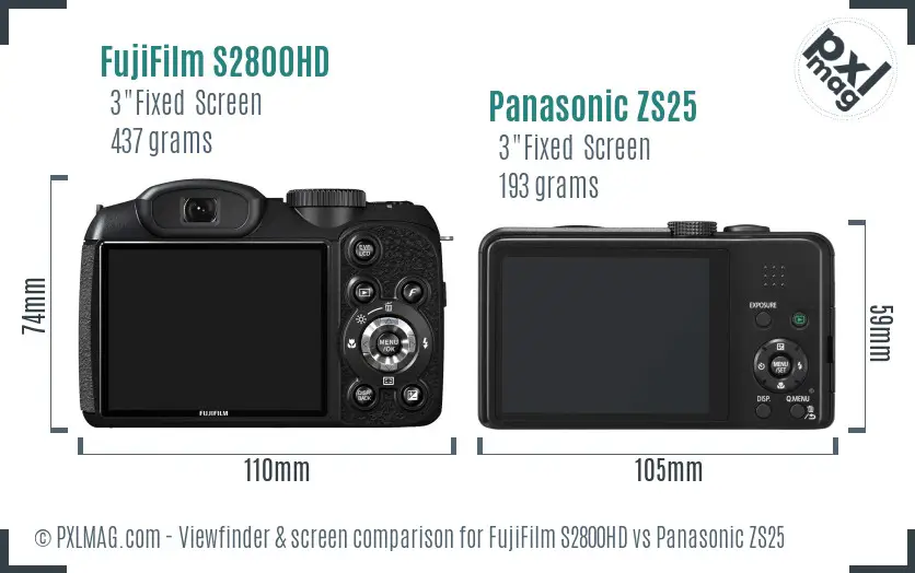 FujiFilm S2800HD vs Panasonic ZS25 Screen and Viewfinder comparison