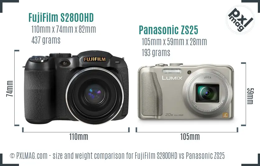 FujiFilm S2800HD vs Panasonic ZS25 size comparison