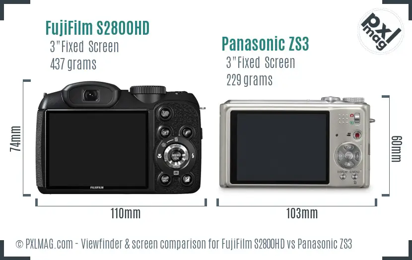 FujiFilm S2800HD vs Panasonic ZS3 Screen and Viewfinder comparison