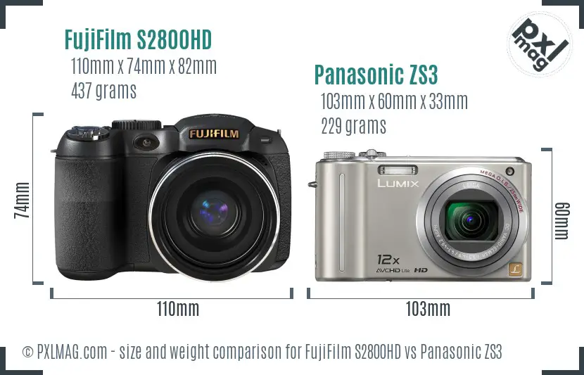 FujiFilm S2800HD vs Panasonic ZS3 size comparison