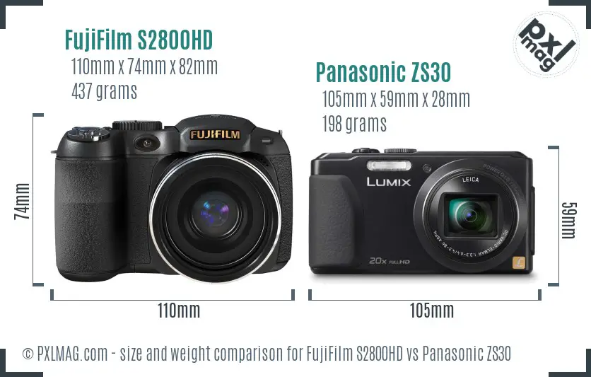 FujiFilm S2800HD vs Panasonic ZS30 size comparison