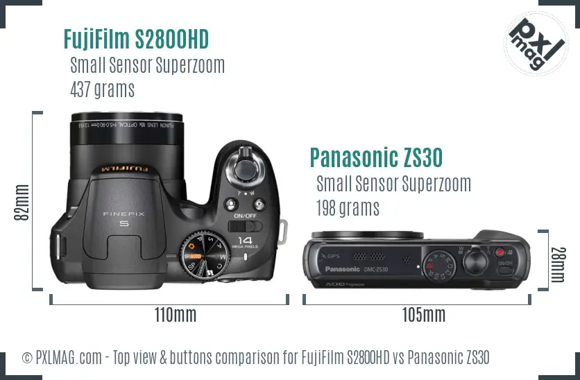 FujiFilm S2800HD vs Panasonic ZS30 top view buttons comparison