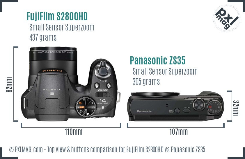 FujiFilm S2800HD vs Panasonic ZS35 top view buttons comparison