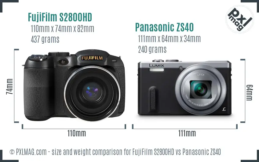 FujiFilm S2800HD vs Panasonic ZS40 size comparison