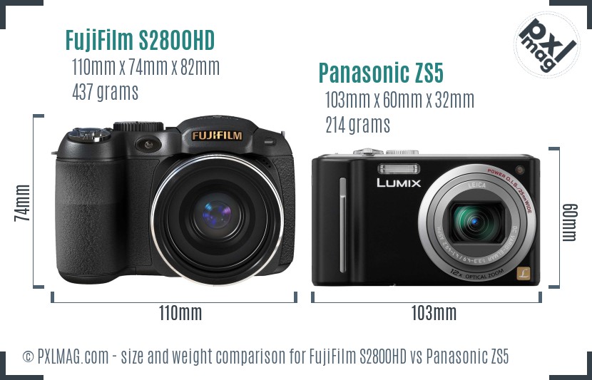 FujiFilm S2800HD vs Panasonic ZS5 size comparison