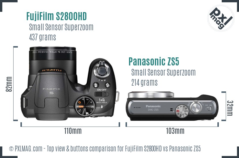 FujiFilm S2800HD vs Panasonic ZS5 top view buttons comparison