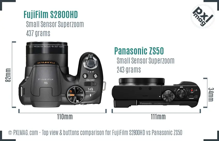 FujiFilm S2800HD vs Panasonic ZS50 top view buttons comparison