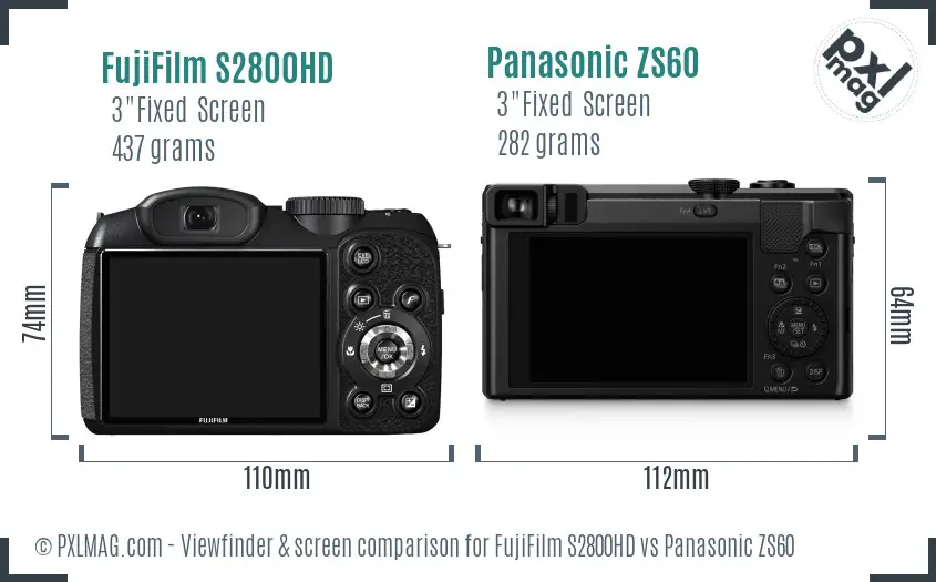 FujiFilm S2800HD vs Panasonic ZS60 Screen and Viewfinder comparison