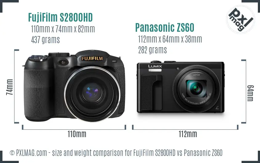 FujiFilm S2800HD vs Panasonic ZS60 size comparison