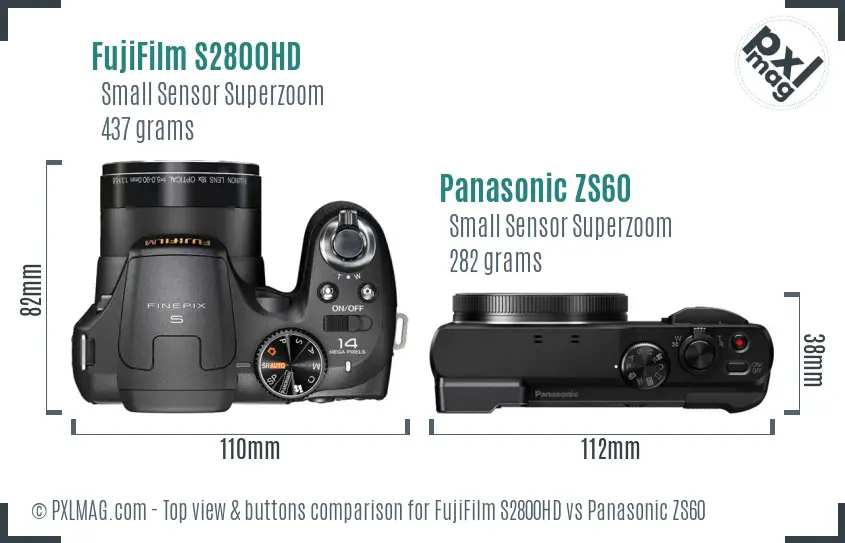 FujiFilm S2800HD vs Panasonic ZS60 top view buttons comparison