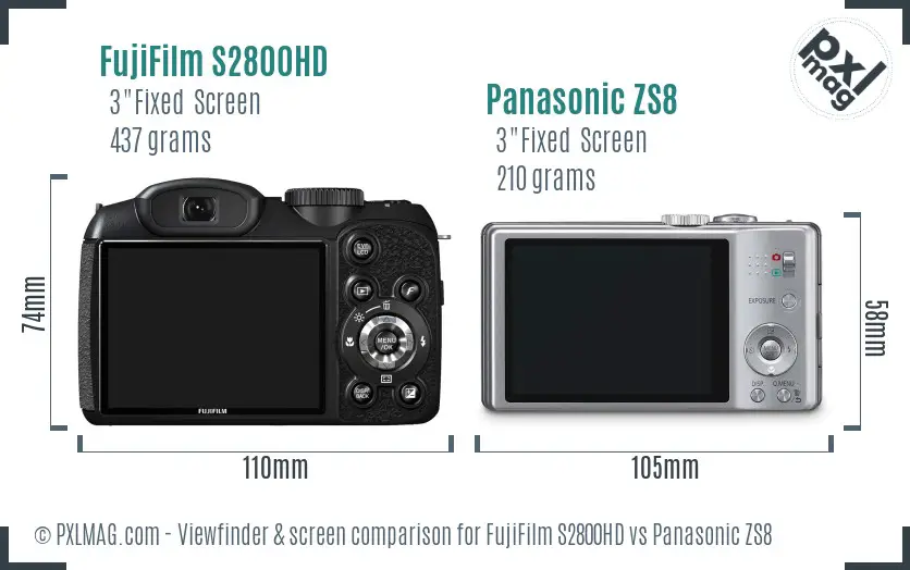 FujiFilm S2800HD vs Panasonic ZS8 Screen and Viewfinder comparison