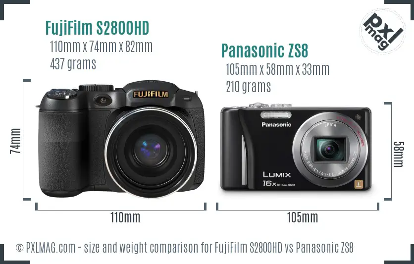 FujiFilm S2800HD vs Panasonic ZS8 size comparison