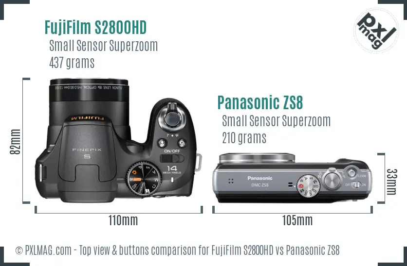 FujiFilm S2800HD vs Panasonic ZS8 top view buttons comparison