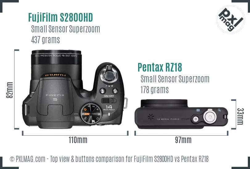 FujiFilm S2800HD vs Pentax RZ18 top view buttons comparison