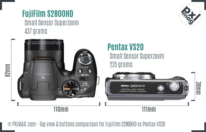 FujiFilm S2800HD vs Pentax VS20 top view buttons comparison FujiFilm S2800HD vs Pentax VS20 top view buttons comparison