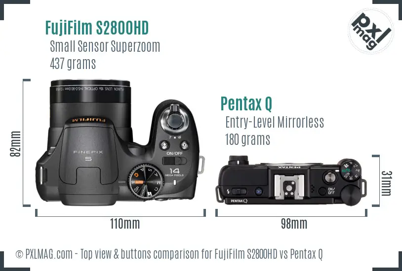 FujiFilm S2800HD vs Pentax Q top view buttons comparison