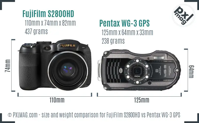 FujiFilm S2800HD vs Pentax WG-3 GPS size comparison