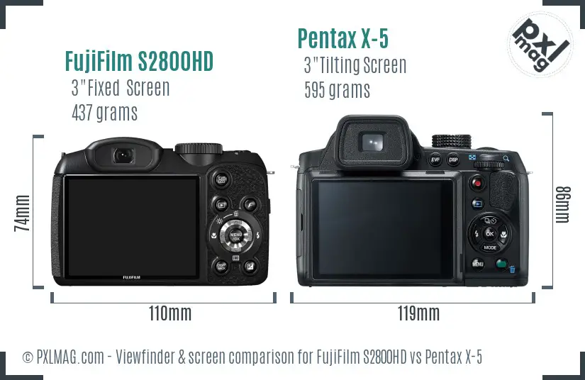 FujiFilm S2800HD vs Pentax X-5 Screen and Viewfinder comparison