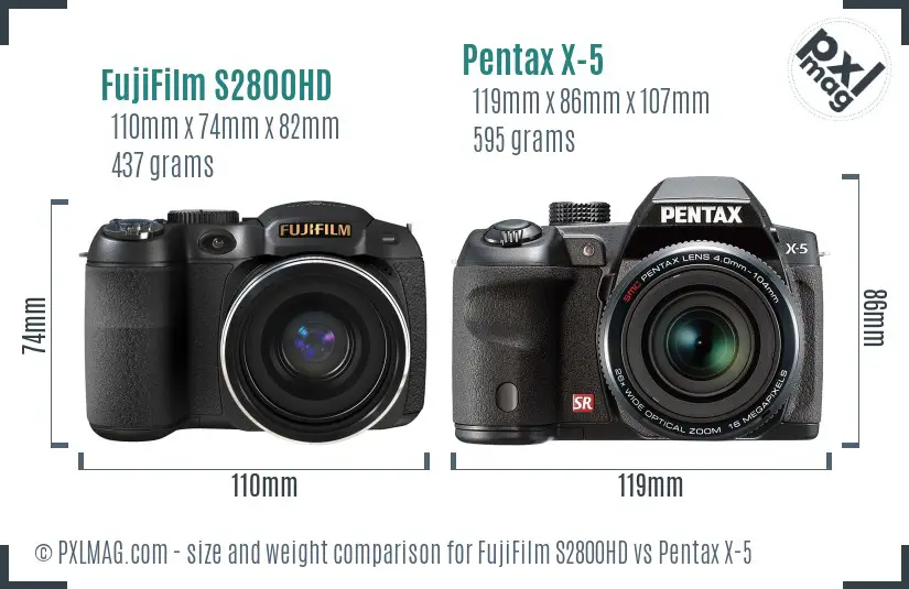 FujiFilm S2800HD vs Pentax X-5 size comparison