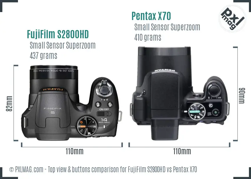 FujiFilm S2800HD vs Pentax X70 top view buttons comparison
