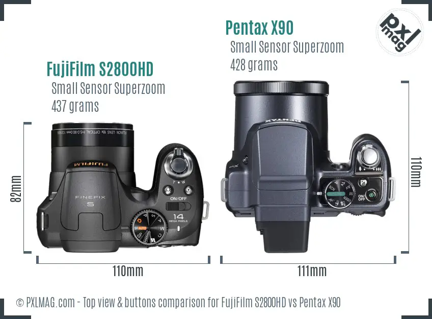 FujiFilm S2800HD vs Pentax X90 top view buttons comparison FujiFilm S2800HD vs Pentax X90 top view buttons comparison