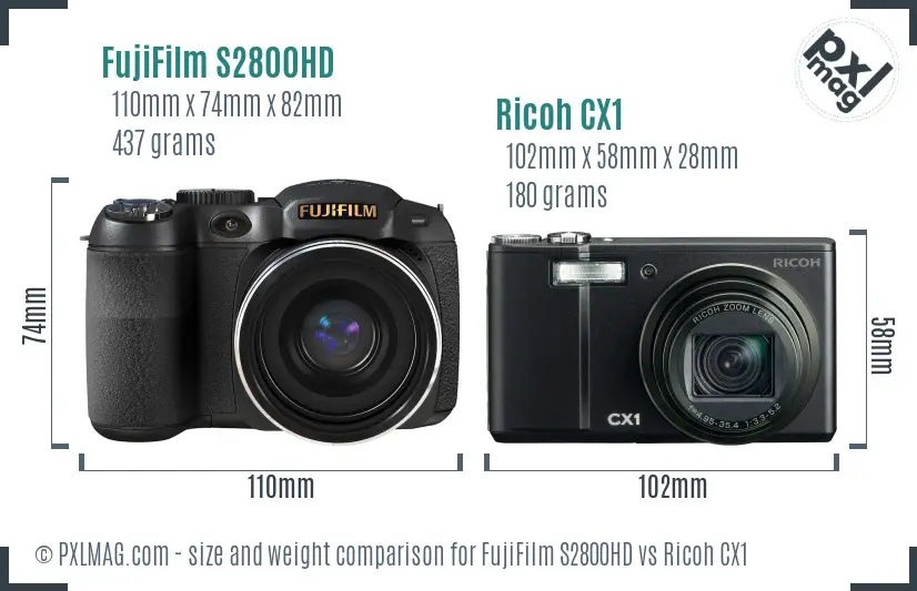 FujiFilm S2800HD vs Ricoh CX1 size comparison